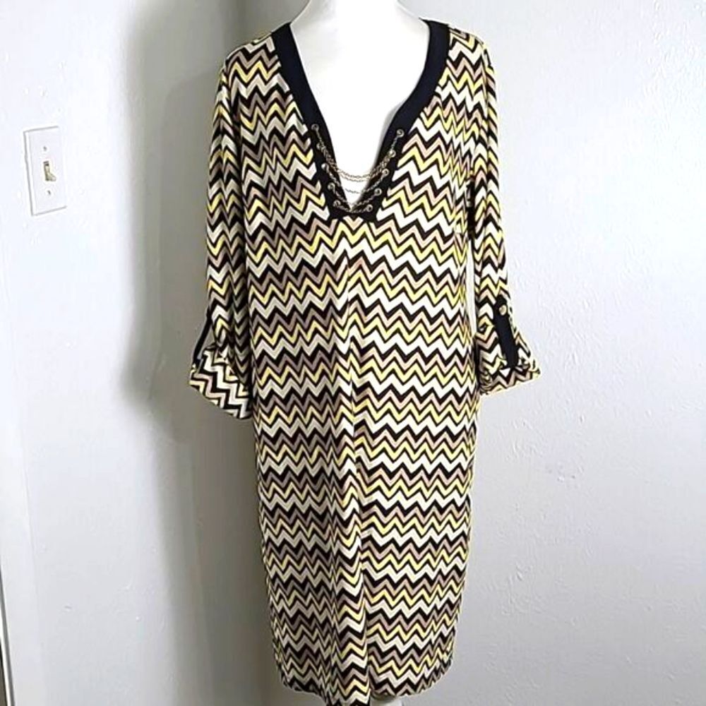 Emma & Michele Yellow & Black Zigzag Print Dress, Black Trim,Chain Neckline,Sz L